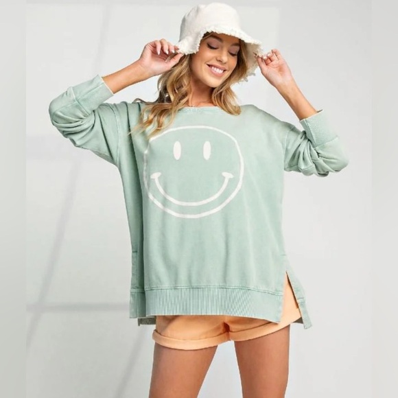 GUC EASEL Mineral Wash Smiley Happy Face Pullover (Seafoam) Cotton sweatshirt - Picture 1 of 5